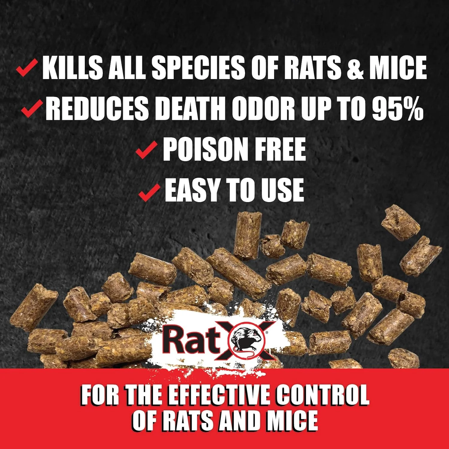 RatX logo with rat graphic and 'Kills All Species of Rats and Mice' headline — the effective control of rats and mice